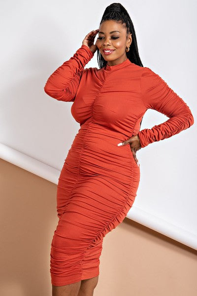 Plus Size Shirred Long Sleeve Dress RUST