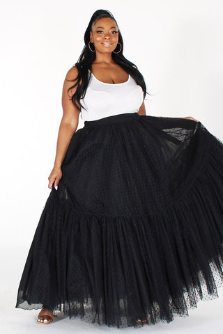 Pleated Layered Polka Dot Tulle Maxi Flare Skirt- Plus Size