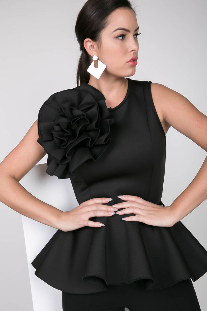 Black Peplum Top with The Big Flower, PLUS SIZE