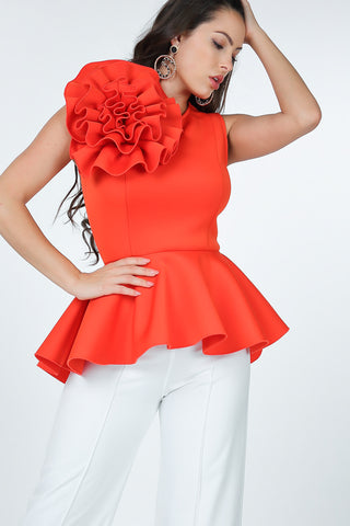 Red Peplum Top with The Big Flower, PLUS SIZE