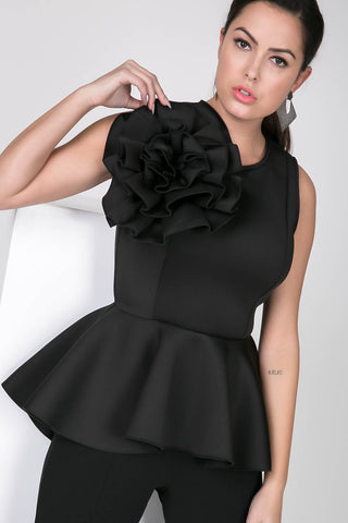 Black Peplum Top with Big Flower, S,M,L Only!