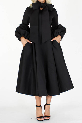 Black Midi Dress w Bowtie and Puff Sleeves, Regular Sizes