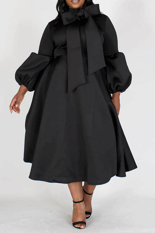 Black Midi Dress w Bowtie and Puff Sleeves, Regular Sizes