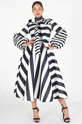 Black and White Stripe  Midi Dress w Bowtie and Puff Sleeves, PLUS Sizes