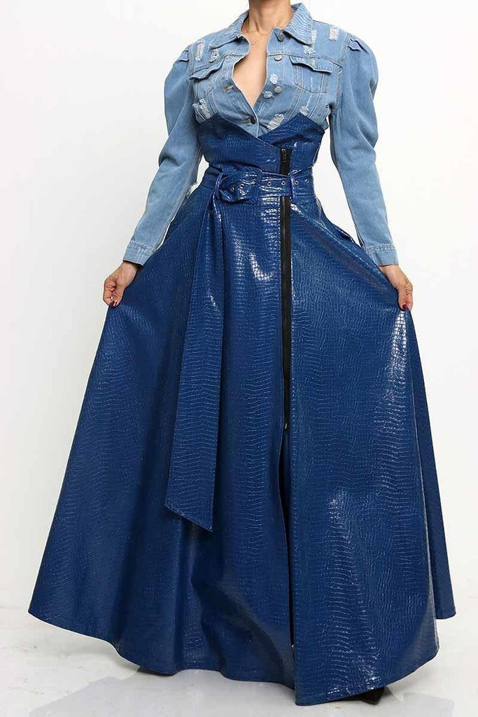 Blue Vegan Leather Long Maxi Skirt with HIGH Waist
