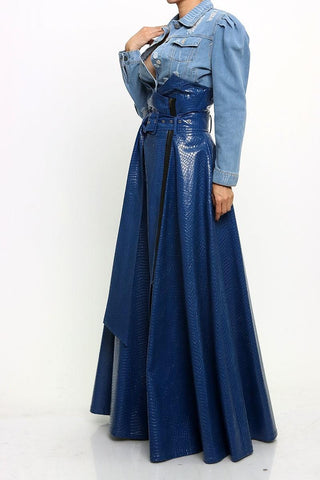 Blue Vegan Leather Long Maxi Skirt with HIGH Waist