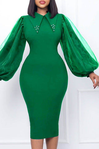 "Sparkles" Emerald Green Dress with Satin Sleeves