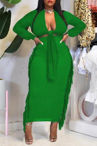Green 2-Piece Skirt Set w fringes