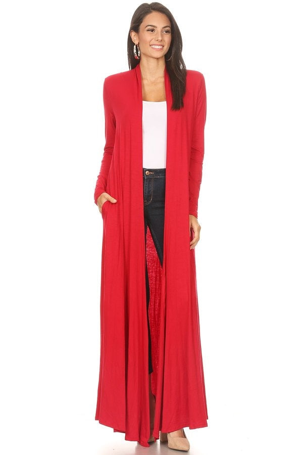 Duster Solid Open Front with Long Sleeves and Pockets-RED