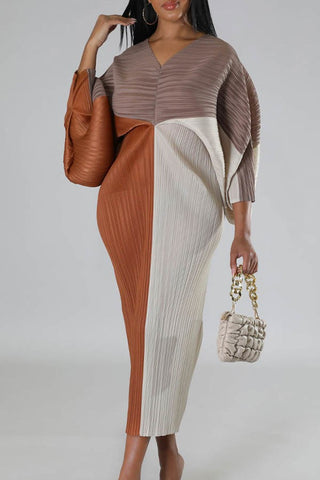 Multi Color-Block Beige- Rust Midi Dress, V-neck