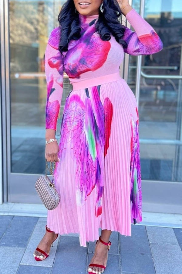 "Kimmy" Purple Multi Print Long Sleeve Midi Dress