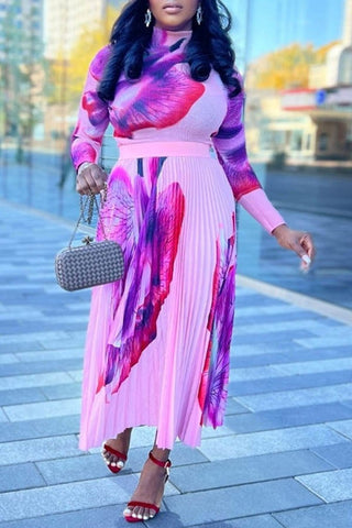 "Kimmy" Purple Multi Print Long Sleeve Midi Dress